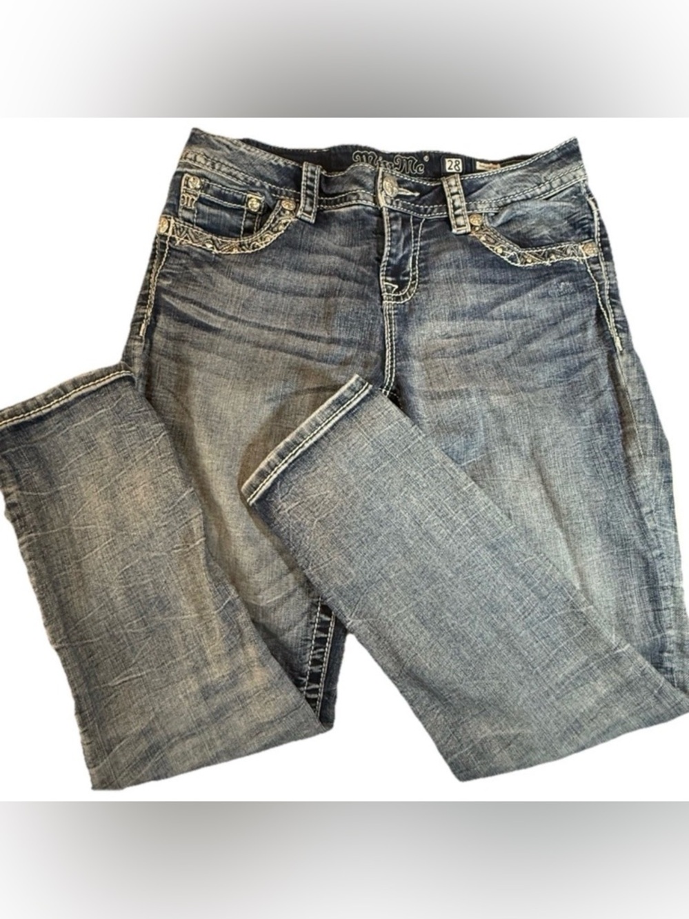Miss Me Skinny Embellished Blue Denim Jeans Button Studded 5-Pocket Women 27x35 - Picture 2 of 12